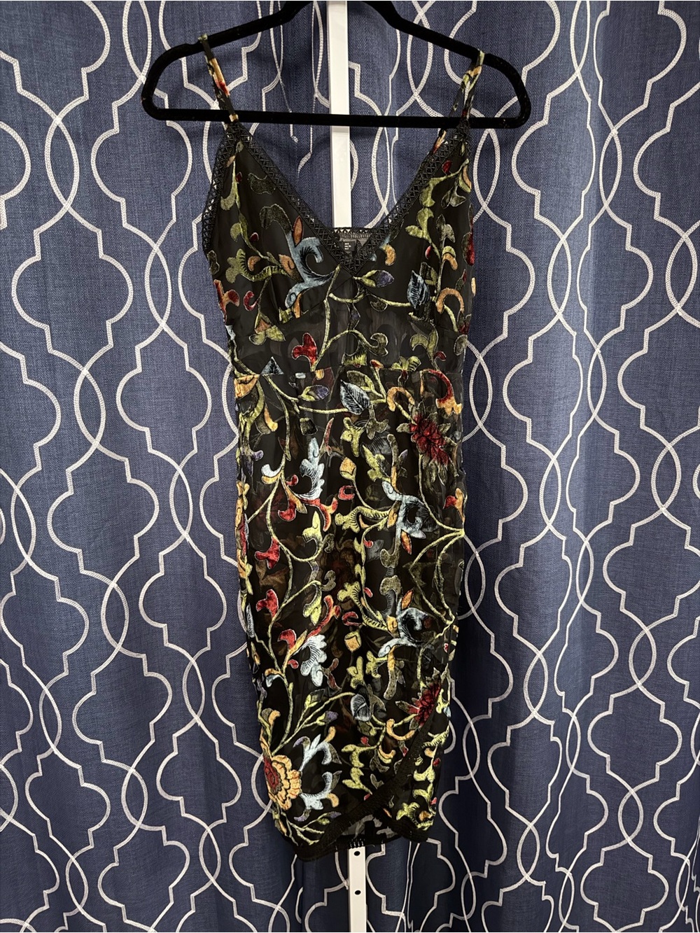 Nasty Gal Black Slip Dress with Multicolor Velvet Floral H18